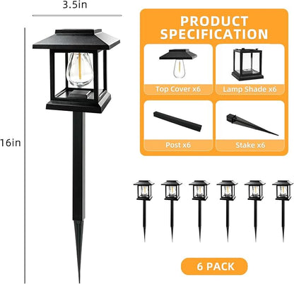 6-Pack Solar Pathway Lights - High-Efficiency Polycrystalline Panels for All-Night Glow - IP65 Waterproof Outdoor Landscape Lighting for Garden, Walkway & Driveway Security (Black)