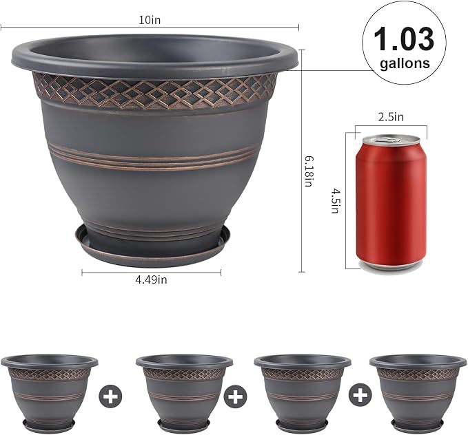 Usocik 10 Inch Plaid Plant Pots 4 Pack with Drainage and Saucers Copper | Copper plaid PP pots with drainage holes and saucers for herbs flowers succulents indoor patio porch