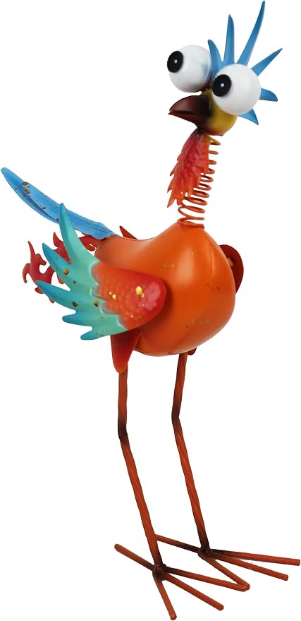 Metal Wacky Rooster Garden Statue for Patio, Backyard, Lawn | 17.9'' Rooster Decor, Yard Statue Decorations Outdoor, Chicken Yard Art, Orange & Cyan