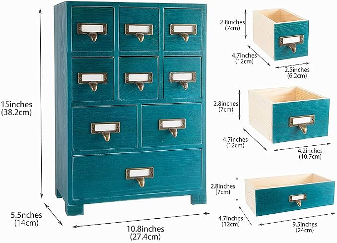 Apothecary Drawers Apothecary Cabinet with Drawers, Blue | 9 Drawer Library Card Catalog, Wooden Storage Box, Wooden Desktop Organizer with Metal Handles-Fulled Assembled