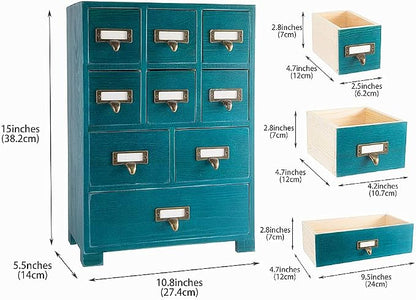 Apothecary Drawers Apothecary Cabinet with Drawers, Blue | 9 Drawer Library Card Catalog, Wooden Storage Box, Wooden Desktop Organizer with Metal Handles-Fulled Assembled