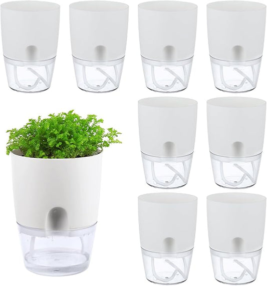 8 Pack Self Watering Pots for Indoor Plants, PlanterHoma 3.2 Inch Plant Pot Plastic Self Watering Planter for Orchid, African Violet, Mini Clear Flower Pots with Drainage Holes and Wicking Rope, White