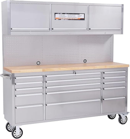 PeakPursuit 72" Rolling Tool Chest with 15 Drawers, Solid Rubber Wood Workbench Top, Locking Wheels & Key Lock, Mobile Garage Tool Cabinet for Workshop Storage and Organization, Silver