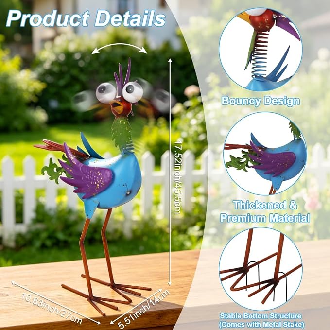Metal Wacky Rooster Garden Statue for Patio, Backyard, Lawn | 17'' Rooster Decor, Yard Statue Decorations Outdoor, Chicken Yard Art, Blue & Purple