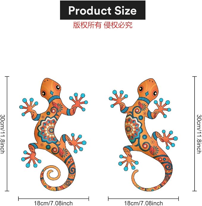 Metal Gecko Outdoor Decor -2 Pack 11.8 inch Gecko Wall Art Hanging Sculpture Decoration for Garden Yard Fence Porch Patio Home Wall Decor