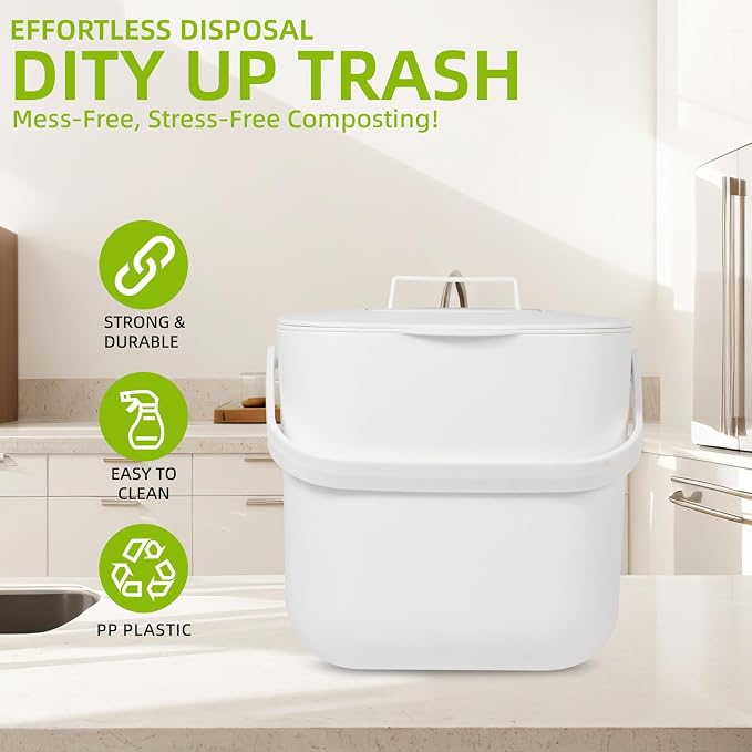 1.85 GAL/7L Kitchen Pail with Handle, Countertop Kitchen Bin, Odor-Tight Indoor Can with Lid， ecocultivatify Compost Bin, Good Helper for Bokashi & Worm Composting (White)