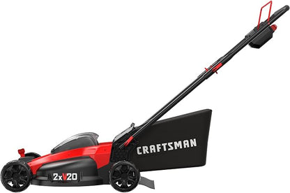 CRAFTSMAN V20 20 in Lawn Mower, 2 x 5Ah Batteries and 2 Chargers Included, High Effeciency Brushless Motor, Push Mower, Up to 50 Min of Runtime, Lightweight, Grass Bag, Low Profile (CMCMW220P2)