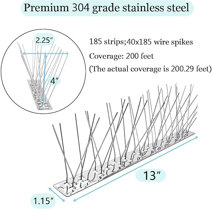 PANGCH Bird Spikes,Stainless Steel Bird Spikes Metal Bird Spikes Fence Spikes Easy to Install - 185 Strips 200.29 Feet Coverage