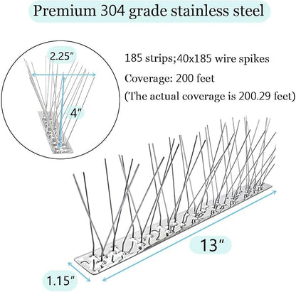 PANGCH Bird Spikes,Stainless Steel Bird Spikes Metal Bird Spikes Fence Spikes Easy to Install - 185 Strips 200.29 Feet Coverage