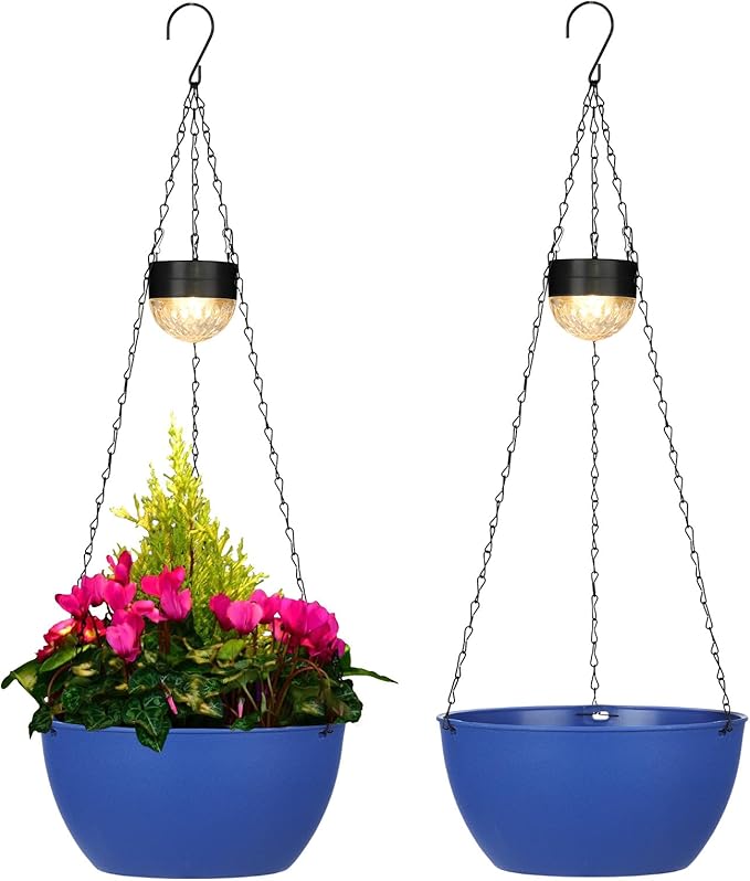 BAYN 2 Packs Solar Hanging Basket Planters for Plants Outdoor | Self Watering, Blue Flower Pots with Solar Light , Hanging Planters with Drainer for Balcony Patio Garden Decoration