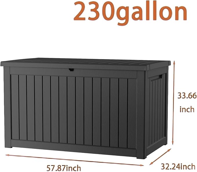 230 Gallon Deck Box, Waterproof Resin Outdoor Storage Box Lockable for Patio Furniture, Fade Resistant Patio Side Table & Organizer for Garden Tools, Pool Floats, Outdoor Cushions, Black