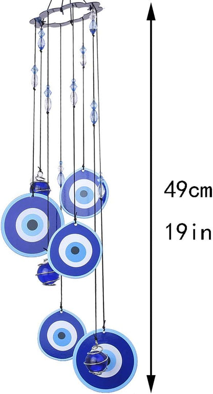 YU FENG 19 Inch Blue Evil Eye Wind Chimes for Outside Garden | Metal Hanging Windchime, Glass Bead Design, Rainbow Light Catcher, Outdoor Yard Patio Home Decoration