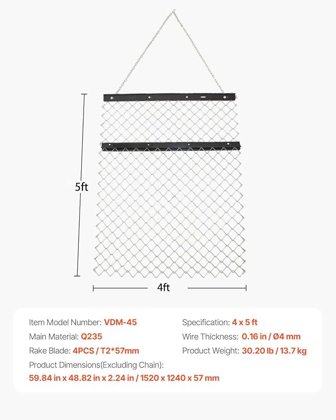 VEVOR Drag Harrow, 4 x 5 ft Chain Harrow - Made from Q235 Steel, UTV Tractor Attachments for Landscape Leveling or Sod Prepping, Durable Harrow Rake for Gravel Driveway, Farm Field Garden Black