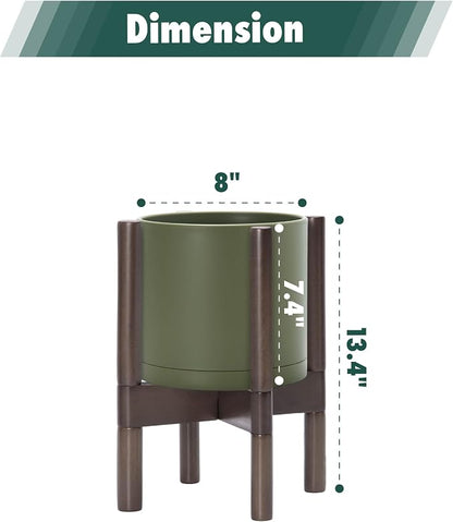 D'vine Dev Plastic Pot with Walnut Wood Stand, Olive, 8 in, 55-C-I-3 | Mid-Century Inspired Design, Elevated Plant Display, Clean Lines, Sturdy Support, Modern Space-Saving Style