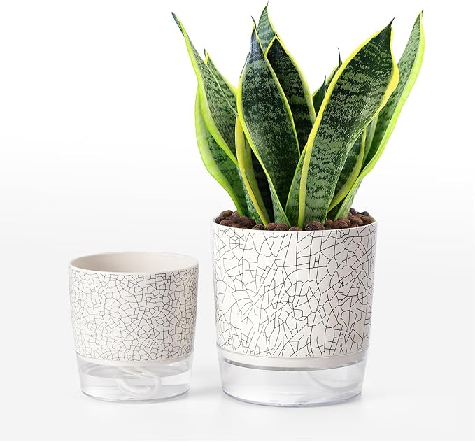 Self Watering Pots for Indoor Plants, Flower Pots, Self Watering Plant Pot-2pcs 4+5.3inch Crack Texture