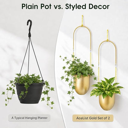 AceList Gold Hanging Planters Set of 2 - Modern Metal Plant Pots 5.5 Inch with Adjustable Hemp Rope and Mounting Hooks, Indoor Outdoor Boho Home Decor for Living Room Balcony Garden Patio Window