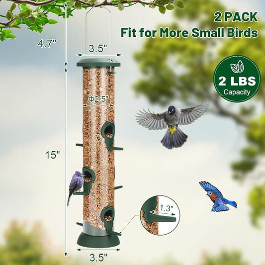 FEED GARDEN 2 Pack Tube Bird Feeders for Outdoors Hanging - Premium Hard Plastic Wild Bird Feeder with 6 Ports, Easy Refill & Clean, 15 Inch, Green