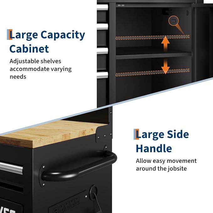 Garvee 60 in Rolling Tool Chest with 10 Drawers & Pegboard, Mobile Garage Tool Cabinet with Locks & Charging Station, Heavy Duty Workbench for Workshop, Black
