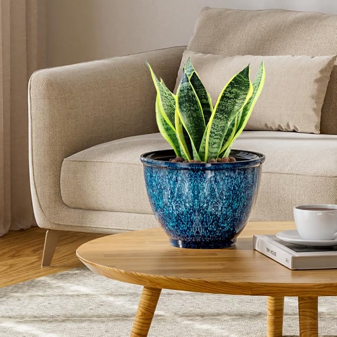 Vanslogreen 8 Inch Glazed Plastic Plant Pots, Set of 4 Planters with Drainage Holes - Indoor/Outdoor Flower Pots for Succulents, Herbs, Home Decor(Blue)