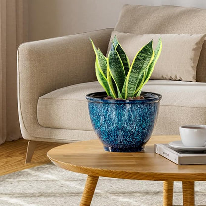 Vanslogreen 8 Inch Glazed Plastic Plant Pots, Set of 4 Planters with Drainage Holes - Indoor/Outdoor Flower Pots for Succulents, Herbs, Home Decor(Blue)