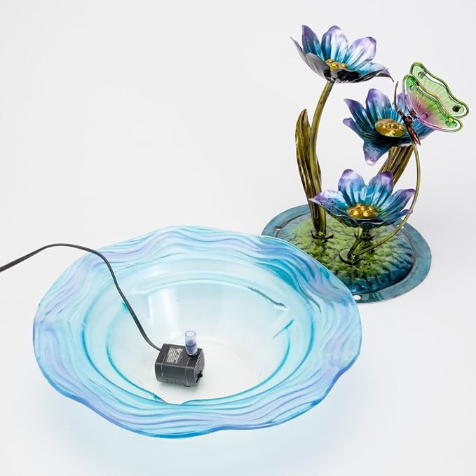 Bits and Pieces - Iridescent Glass Butterfly Fountain Sculpture – Indoor Home Décor - Zen Water Fountain - Desk or Tabletop Accessories - 12" Tall Multicolor