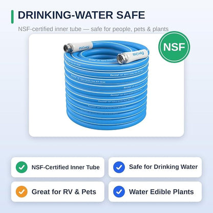 FEVONE Kink Free Garden hose 100 ft, Heavy Duty Water Hose | Drinking Water Safe, Flexible Lightweight Hybrid Polymer, 5/8 ID, 600 PSI, Leak-Free, Aluminum 3/4 GHT Connectors