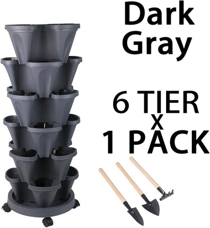 GameXcel Vertical Planter Tower - 6 Tier Stackable Garden Planters with Wheels and Tools Plant Pots for Strawberry Herb Flower and Vegetable Indoor Outdoor Use Dark Gray