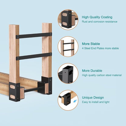 Eibikdi Firewood Rack Outdoor, Adjustable Length Wood Storage Brackets Kit, Log Stacking Stand Holder for Outdoor Indoor Fireplace, Wood Burning Fire Pits, Black, Set of 4