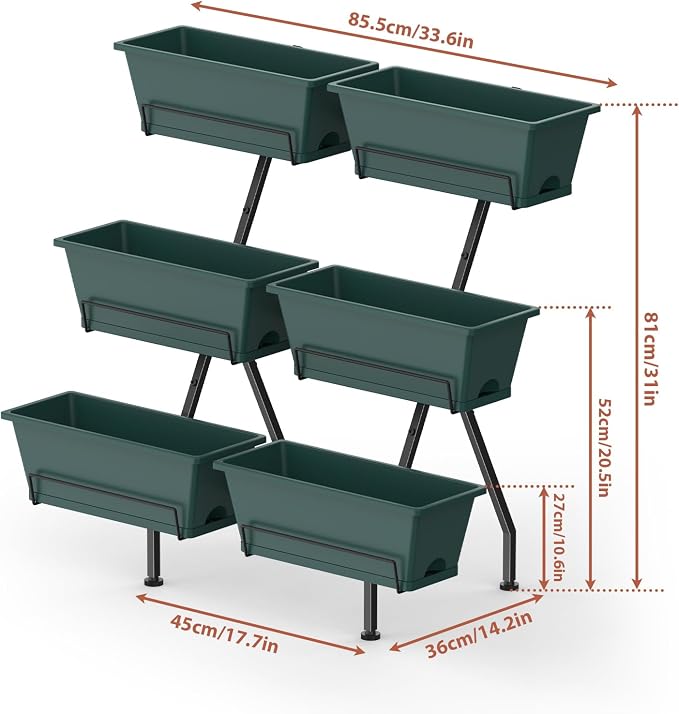 Vertical Raised Garden Bed 3 Tier Vertical Garden Planter with 6 Container Boxes Indoor Outdoor Standing Herb Planter with Drainage Holes Removable Tray for Small Space Patio Balcony Porch, Green