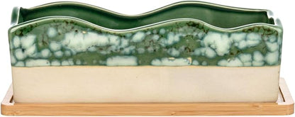 MyGift Rectangular Succulent Planter - Decorative Beige and Green Ceramic Glazed Plant Container Pot with Removable Bamboo Tray