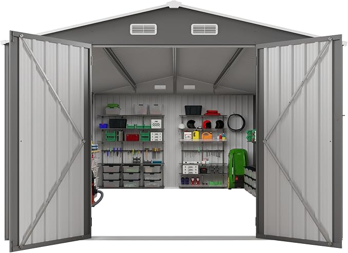YOPTO 10x14 FT Large Outdoor Storage Shed,Durable Metal Garden Shed with Three Lockable Doors and Two Windows,Waterproof Tool Shed for Backyard Patio,All-Weather Shelter for Bike,Lawn Mowers,Grey
