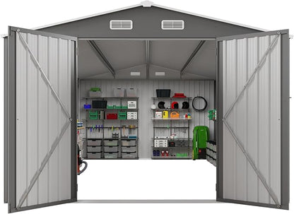 YOPTO 10x14 FT Large Outdoor Storage Shed,Durable Metal Garden Shed with Three Lockable Doors and Two Windows,Waterproof Tool Shed for Backyard Patio,All-Weather Shelter for Bike,Lawn Mowers,Grey