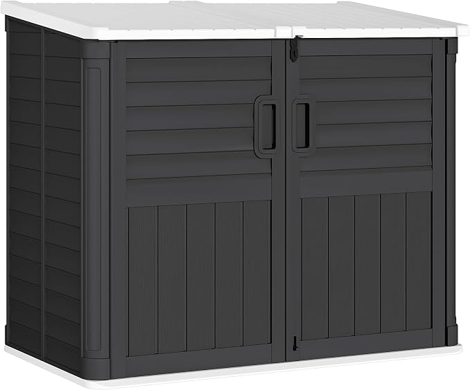 Greesum Outdoor Trash Can Storage Shed, 34 Cu.ft Waterproof Horizontal Storage Shed, Portable Horizontal Resin Storage Shed for Garden, Backyard, Patio, Dark Black