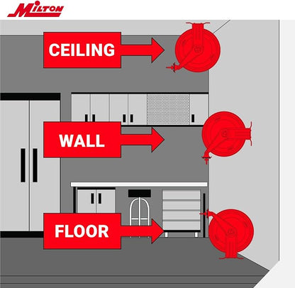 MILTON Strength Air Hose Reel w/Auto- Retractable Steel Dual Arm, 3/8" MNPT x 50 ft. Hybrid Rubber Hose - 300 Max PSI, Red - 2770-50D