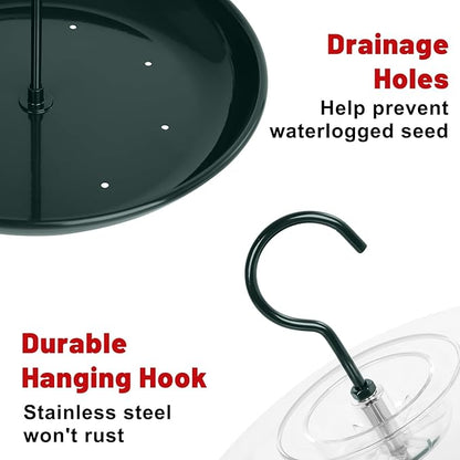 Gtongoko Platform Bird Feeder for Outdoors Hanging with 12” Weatherproof Dome, Squirrel-Resistant Metal Tray, 2 Lbs Seed Capacity, 360° Multi-Bird Feeding, Green