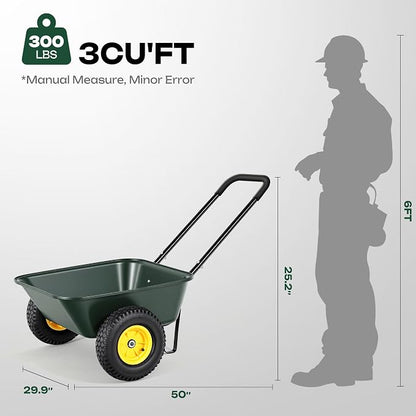Autodaya 2 Wheel Wheelbarrow, Dual-Wheel Garden Dump Cart with 10" Non-Slip Pneumatic Tires & Ergonomic Padded Handle, Heavy-Duty Home Utility Yard Cart Wagon for Lawn, Farm, Porch, Gardening, Green