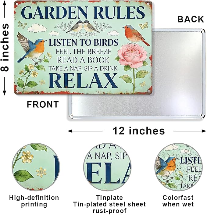Garden Rules Metal Tin,Relaxing Outdoor Sign | Funny Wall Art for Outdoor Garden Porch Patio Yard Backyard Wall Decor,Gardening Gifts for Women