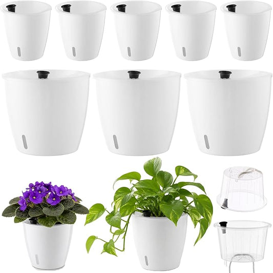Upgraded Self Watering Pots for Indoor Plants, 8-Pack 5/6.7 Inch Top-Fill Self Watering Planter with Water Window, Clear Wick Inner Basket with Drainage, White (5 Pcs 5" and 3 Pcs 6.7")
