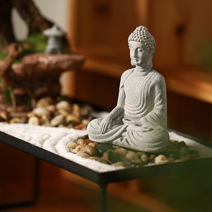 Buddha Statue and 2 Japanese Lantern Pagoda Statues - Zen Garden Accessories for Home and Mini Meditation Decor