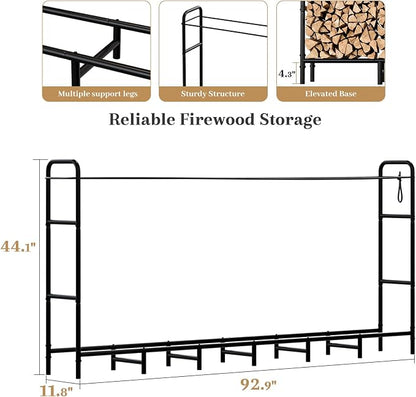 Firewood Rack 8FT Heavy Duty Metal, Outdoor Indoor Log Holder Stand for Fireplace Wood Storage, Adjustable Wood Pile Stacker Organizer for Patio, Black