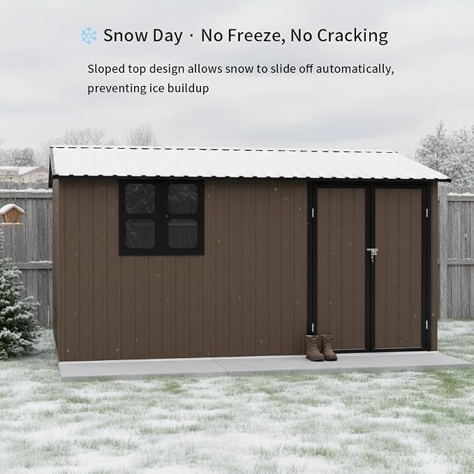 KEIKI 12x10 Ft Metal Outdoor Storage Shed Garden with Window, Foldable Worktable & Shelves, Lockable Door, Waterproof Apex Roof Heavy Duty Tool House for Backyard Garden Lawn, Brown