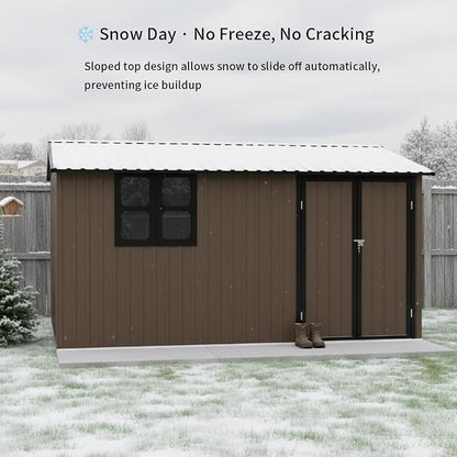 KEIKI 12x10 Ft Metal Outdoor Storage Shed Garden with Window, Foldable Worktable & Shelves, Lockable Door, Waterproof Apex Roof Heavy Duty Tool House for Backyard Garden Lawn, Brown