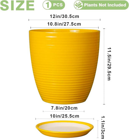 12 Inch Pots for Plants - Ceramic Planter for Indoor Plants Large Plant Pot with Drainage Hole and Saucer Round Outdoor Flower Pot for Garden Home Patio Office Yellow
