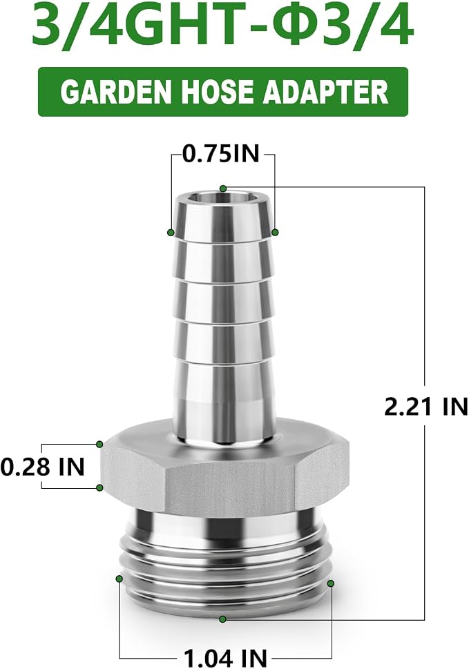 TAISHER 2PCS 304 Stainless Steel Garden Hose Repair Connector, 3/4" Barb x 3/4" GHT Male Garden Hose Adapter with Hose Clamps