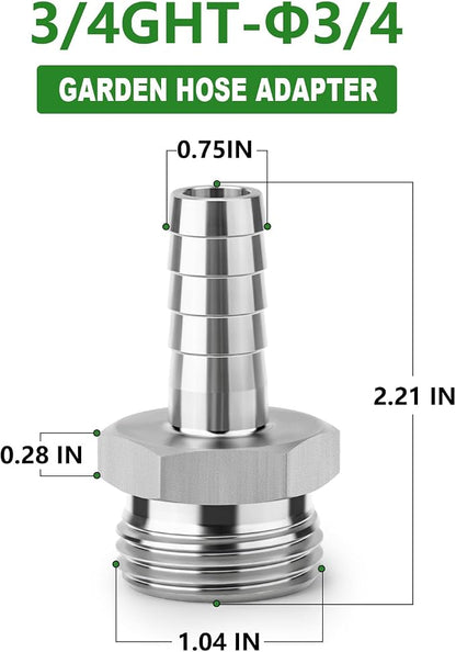 TAISHER 2PCS 304 Stainless Steel Garden Hose Repair Connector, 3/4" Barb x 3/4" GHT Male Garden Hose Adapter with Hose Clamps