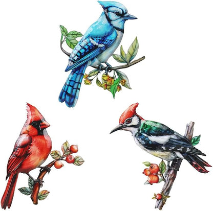 3 Pack Metal Birds Wall Art Garden Decor, Cardinal Outdoor Wall Art Yard Patio Fence Decoration, 3D Colorful Birds Wall Hanging Sculpture Gift for Garden Outside Livingroom