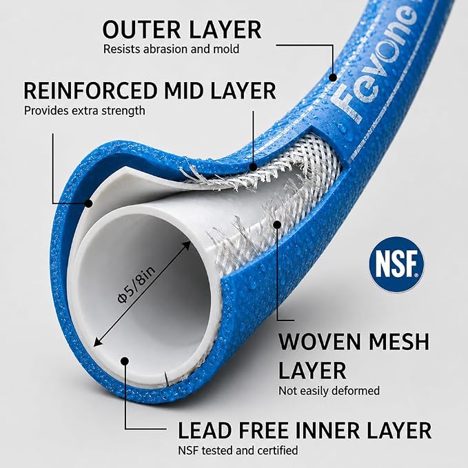 FEVONE Kink Free Garden hose 100 ft, Heavy Duty Water Hose | Drinking Water Safe, Flexible Lightweight Hybrid Polymer, 5/8 ID, 600 PSI, Leak-Free, Aluminum 3/4 GHT Connectors