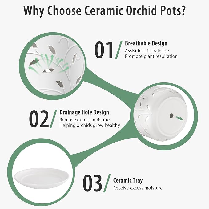 Orchid Pots with Holes, 7 Inch Orchid Pots with Drainage Holes and Tray, Indoor or Outdoor Ceramic Flower Pot for Orchid Care, Promoting Air Circulation - White