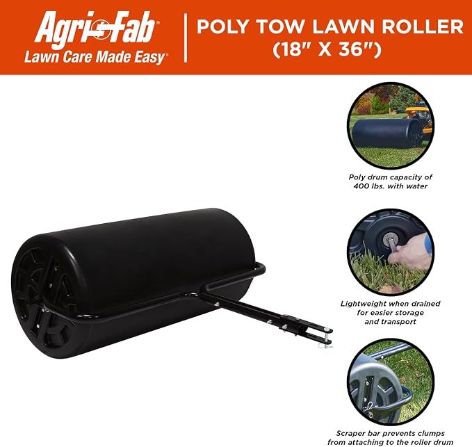 Agri-Fab 45-0606 18" x 36" Tow Behind Poly Lawn Roller 400 lbs weight with water, Poly Drum and Steel Frame, with Plug. Designed for Lawn and Garden Tractors