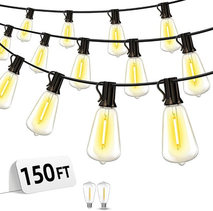 Outdoor Patio String Lights 150ft: ST38 LED Shatterproof Bulbs 3 Modes Button Control - Waterproof Connectable Lights - Wedding Bistro Party Gazebo Backyard Decorative